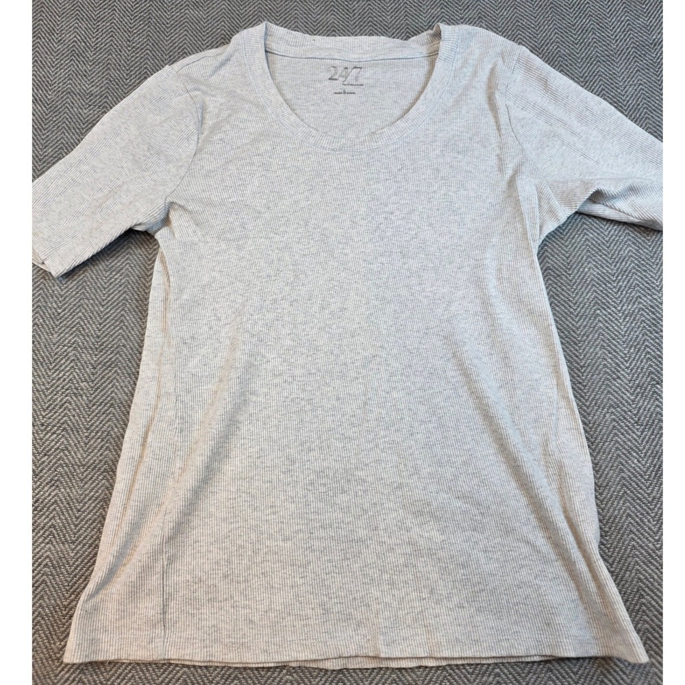 24/7 by Maurices Womens Large Gray Ribbed Short Sleeve Scoop Neck T-Shirt Tee